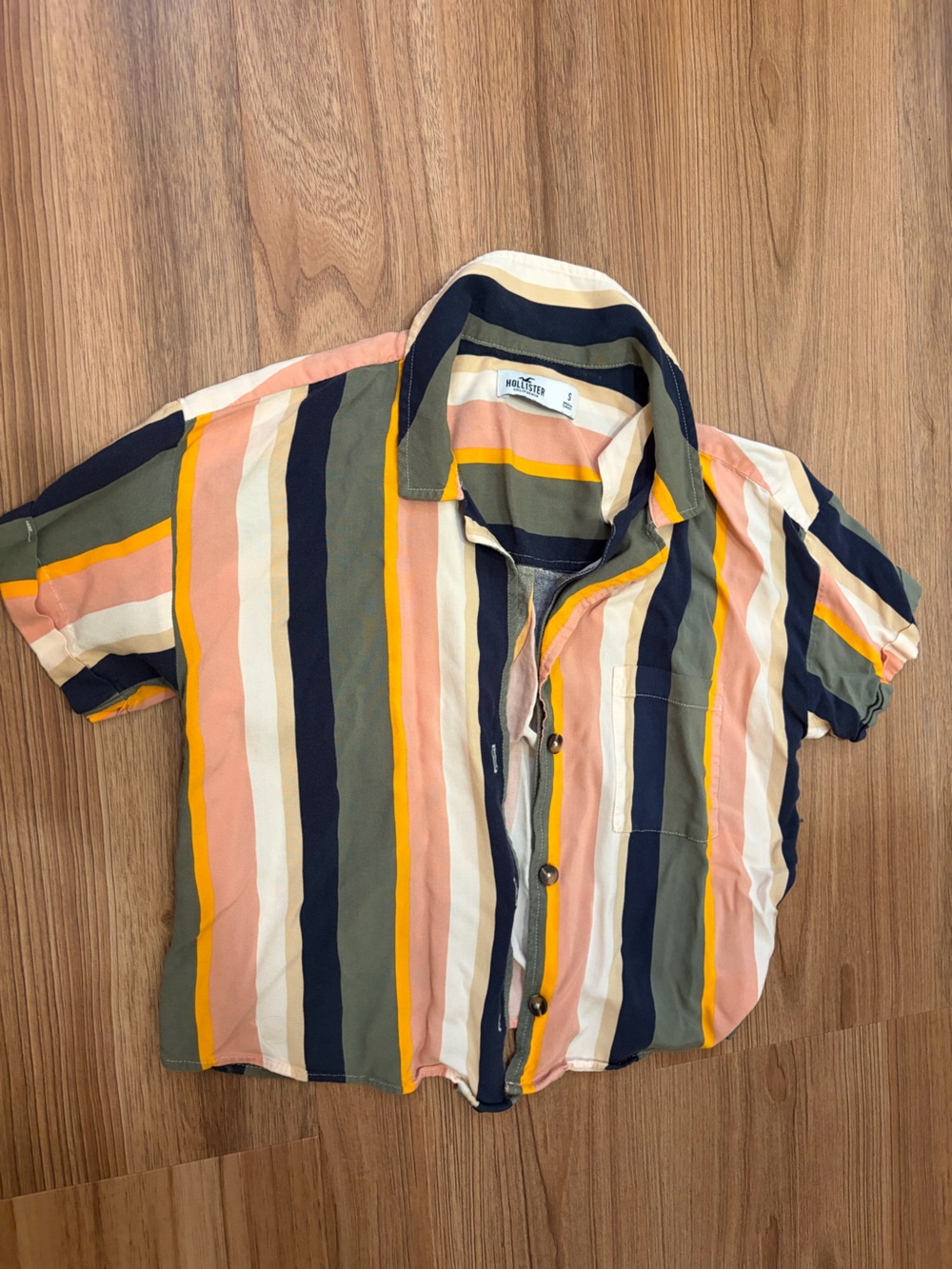 Hollister Cropped Striped Short-Sleeve Button Shirt in Navy, Olive & Peach